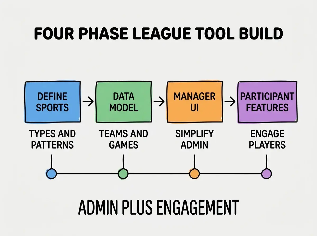 EXPLAINER DIAGRAM titled FOUR PHASE LEAGUE TOOL BUILD shown as a horizontal four-stage pipeline on a slate background. Stage 1 colored blue DEFINE SPORTS sublabel TYPES AND PATTERNS. Stage 2 colored green DATA MODEL sublabel TEAMS AND GAMES. Stage 3 colored orange MANAGER UI sublabel SIMPLIFY ADMIN. Stage 4 colored purple PARTICIPANT FEATURES sublabel ENGAGE PLAYERS. Footer reads ADMIN PLUS ENGAGEMENT.