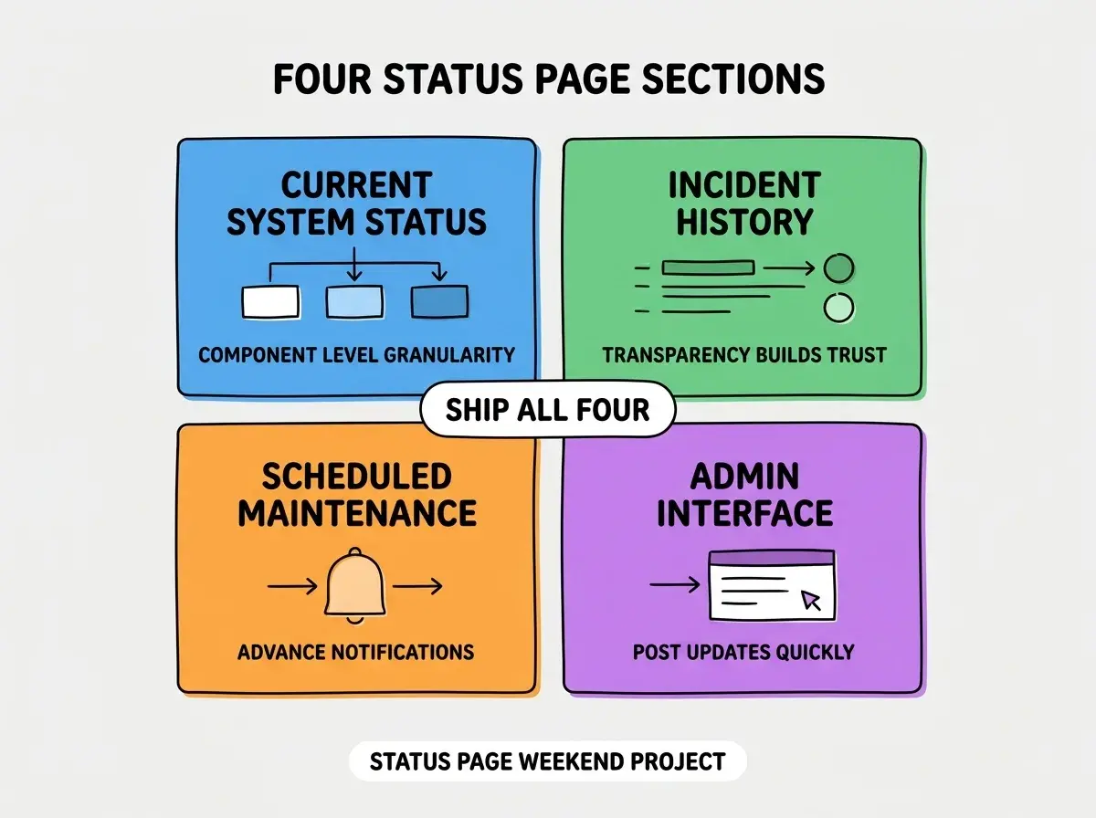 EXPLAINER DIAGRAM titled FOUR STATUS PAGE SECTIONS shown as a 2x2 grid of quadrants on a slate background. Top left blue CURRENT SYSTEM STATUS sublabel COMPONENT LEVEL GRANULARITY. Top right green INCIDENT HISTORY sublabel TRANSPARENCY BUILDS TRUST. Bottom left orange SCHEDULED MAINTENANCE sublabel ADVANCE NOTIFICATIONS. Bottom right purple ADMIN INTERFACE sublabel POST UPDATES QUICKLY. Center label SHIP ALL FOUR. Footer reads STATUS PAGE WEEKEND PROJECT.