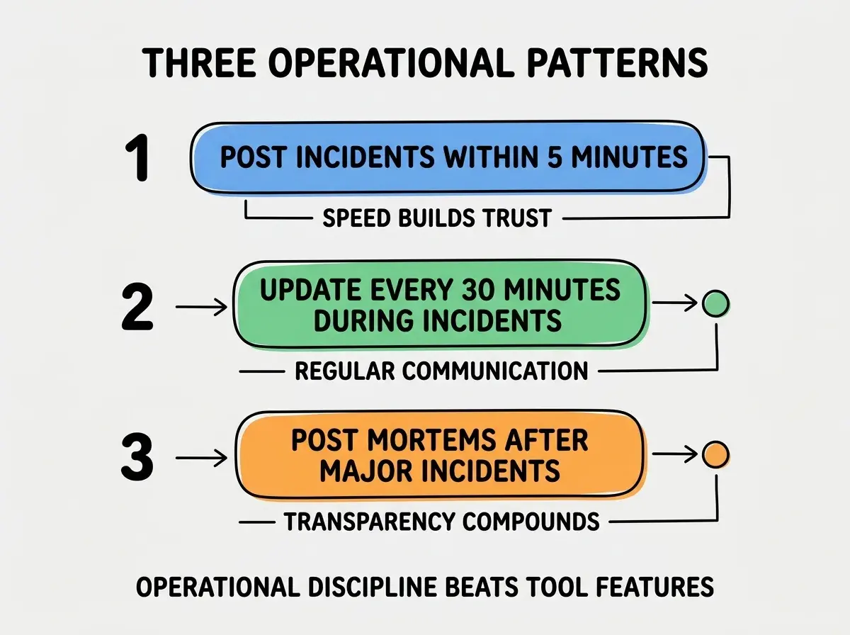 EXPLAINER DIAGRAM titled THREE OPERATIONAL PATTERNS shown as a vertical numbered list on a slate background. Three rows. Row 1 blue badge POST INCIDENTS WITHIN 5 MINUTES sublabel SPEED BUILDS TRUST. Row 2 green badge UPDATE EVERY 30 MINUTES DURING INCIDENTS sublabel REGULAR COMMUNICATION. Row 3 orange badge POST MORTEMS AFTER MAJOR INCIDENTS sublabel TRANSPARENCY COMPOUNDS. Footer reads OPERATIONAL DISCIPLINE BEATS TOOL FEATURES. CRITICAL: each label appears only ONCE.