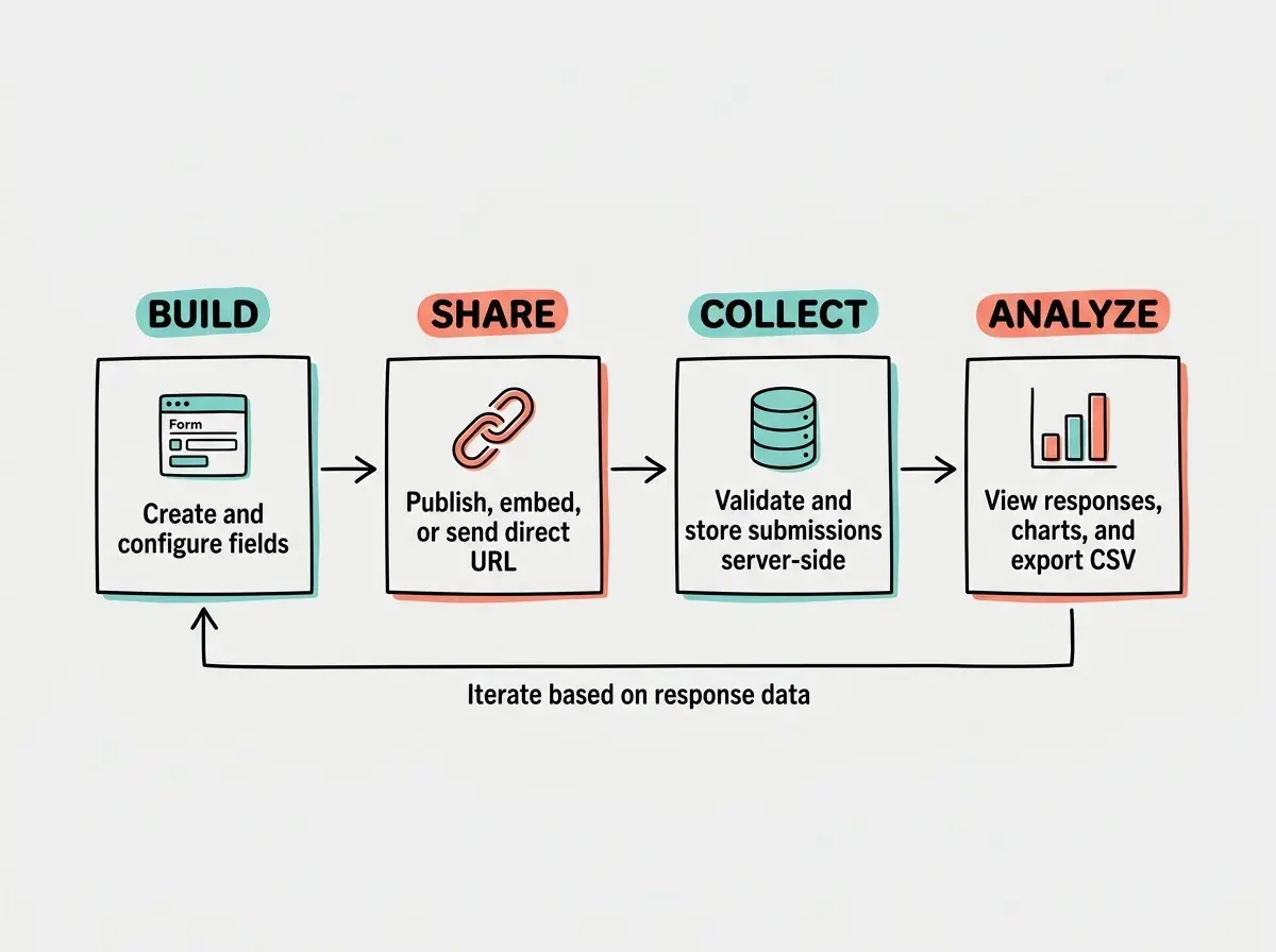 EXPLAINER DIAGRAM: A flow chart showing the form lifecycle from creation to analysis. Four boxes connected by arrows flowing left to right. First box labeled BUILD in teal contains an icon of a form editor and the text Create and configure fields. Second box labeled SHARE in coral contains an icon of a link and the text Publish, embed, or send direct URL. Third box labeled COLLECT in teal contains an icon of a database and the text Validate and store submissions server-side. Fourth box labeled ANALYZE in coral contains an icon of a bar chart and the text View responses, charts, and export CSV. Below the flow, a feedback arrow loops from ANALYZE back to BUILD with the label Iterate based on response data. Light gray background.