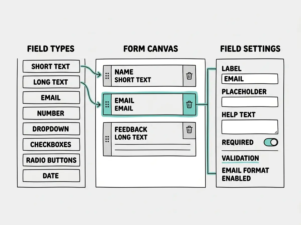 EXPLAINER DIAGRAM: A wireframe layout of the form editor interface. Left panel labeled FIELD TYPES shows a vertical stack of eight draggable items: Short Text, Long Text, Email, Number, Dropdown, Checkboxes, Radio Buttons, and Date. Center panel labeled FORM CANVAS shows three fields already placed: a Name field (Short Text), an Email field (Email), and a Feedback field (Long Text), each with a drag handle icon on the left and a trash icon on the right. Right panel labeled FIELD SETTINGS shows configuration for the selected Email field with inputs for Label, Placeholder, Help Text, a Required toggle switched on, and a Validation section showing Email Format Enabled. Teal accent lines connect the selected field in the canvas to the settings panel. Light gray background.