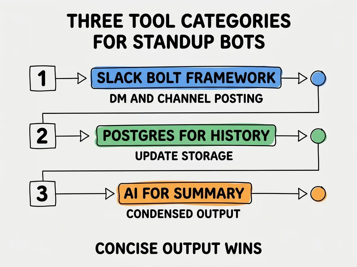 EXPLAINER DIAGRAM titled THREE TOOL CATEGORIES FOR STANDUP BOTS shown as a vertical numbered list on a slate background. Three rows. Row 1 blue badge SLACK BOLT FRAMEWORK sublabel DM AND CHANNEL POSTING. Row 2 green badge POSTGRES FOR HISTORY sublabel UPDATE STORAGE. Row 3 orange badge AI FOR SUMMARY sublabel CONDENSED OUTPUT. Footer reads CONCISE OUTPUT WINS. CRITICAL: each label appears only ONCE.