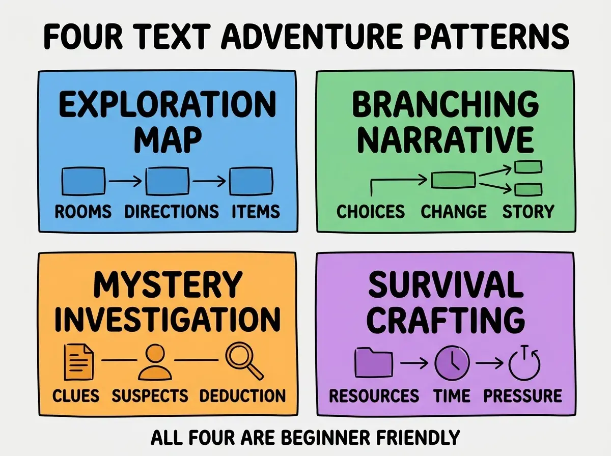 EXPLAINER DIAGRAM titled FOUR TEXT ADVENTURE PATTERNS shown as a 2x2 grid of quadrants on a slate background. Top left blue EXPLORATION MAP sublabel ROOMS DIRECTIONS ITEMS. Top right green BRANCHING NARRATIVE sublabel CHOICES CHANGE STORY. Bottom left orange MYSTERY INVESTIGATION sublabel CLUES SUSPECTS DEDUCTION. Bottom right purple SURVIVAL CRAFTING sublabel RESOURCES TIME PRESSURE. Center label reads PICK PATTERN BY TONE. Footer reads ALL FOUR ARE BEGINNER FRIENDLY.