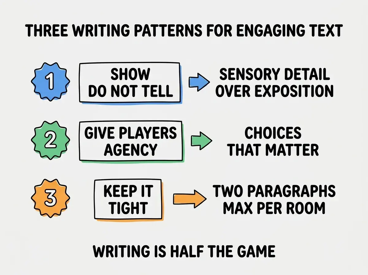 EXPLAINER DIAGRAM titled THREE WRITING PATTERNS FOR ENGAGING TEXT shown as a vertical numbered list on a slate background. Three rows. Row 1 blue badge SHOW DO NOT TELL sublabel SENSORY DETAIL OVER EXPOSITION. Row 2 green badge GIVE PLAYERS AGENCY sublabel CHOICES THAT MATTER. Row 3 orange badge KEEP IT TIGHT sublabel TWO PARAGRAPHS MAX PER ROOM. Footer reads WRITING IS HALF THE GAME.