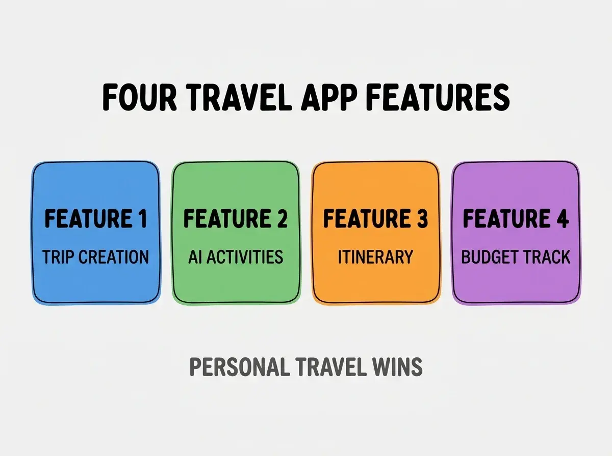 Clean modern flat infographic on light gray background. Top center bold black title text: FOUR TRAVEL APP FEATURES. Below title, four equal sized colored rounded rectangle cards arranged horizontally. Card 1 blue: large bold text FEATURE 1 then smaller text TRIP CREATION. Card 2 green: large bold text FEATURE 2 then smaller text AI ACTIVITIES. Card 3 orange: large bold text FEATURE 3 then smaller text ITINERARY. Card 4 purple: large bold text FEATURE 4 then smaller text BUDGET TRACK. Single footer line below cards in dark gray text: PERSONAL TRAVEL WINS. Nothing else on canvas. No text outside cards or below cards.