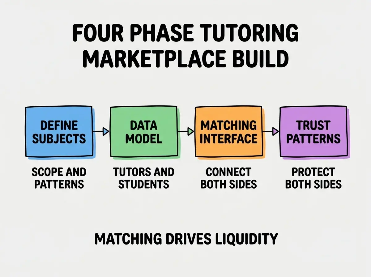 EXPLAINER DIAGRAM titled FOUR PHASE TUTORING MARKETPLACE BUILD shown as a horizontal four-stage pipeline on a slate background. Stage 1 colored blue DEFINE SUBJECTS sublabel SCOPE AND PATTERNS. Stage 2 colored green DATA MODEL sublabel TUTORS AND STUDENTS. Stage 3 colored orange MATCHING INTERFACE sublabel CONNECT BOTH SIDES. Stage 4 colored purple TRUST PATTERNS sublabel PROTECT BOTH SIDES. Footer reads MATCHING DRIVES LIQUIDITY.