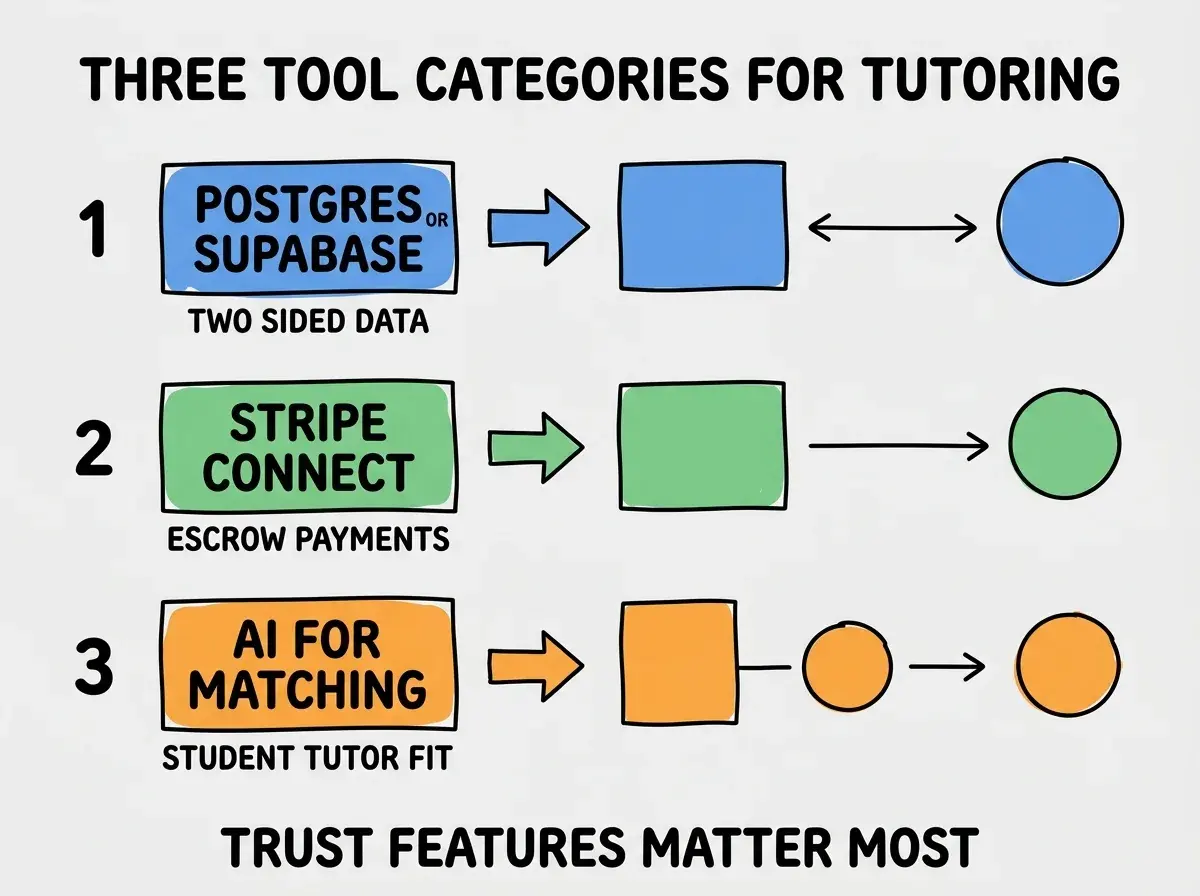 EXPLAINER DIAGRAM titled THREE TOOL CATEGORIES FOR TUTORING shown as a vertical numbered list on a slate background. Three rows. Row 1 blue badge POSTGRES OR SUPABASE sublabel TWO SIDED DATA. Row 2 green badge STRIPE CONNECT sublabel ESCROW PAYMENTS. Row 3 orange badge AI FOR MATCHING sublabel STUDENT TUTOR FIT. Footer reads TRUST FEATURES MATTER MOST. CRITICAL: each label appears only ONCE.
