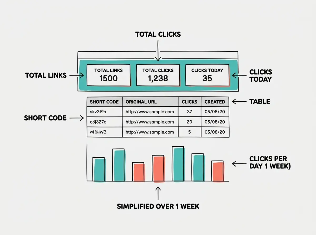 EXPLAINER DIAGRAM: A simplified dashboard wireframe. Top section shows a horizontal bar with three stat cards labeled TOTAL LINKS, TOTAL CLICKS, and CLICKS TODAY, each with placeholder numbers. Below is a table with four columns labeled SHORT CODE, ORIGINAL URL, CLICKS, and CREATED. Three example rows show sample data. Below the table is a simple bar chart with seven vertical bars representing clicks per day over one week. Teal and coral colors on a light gray background.