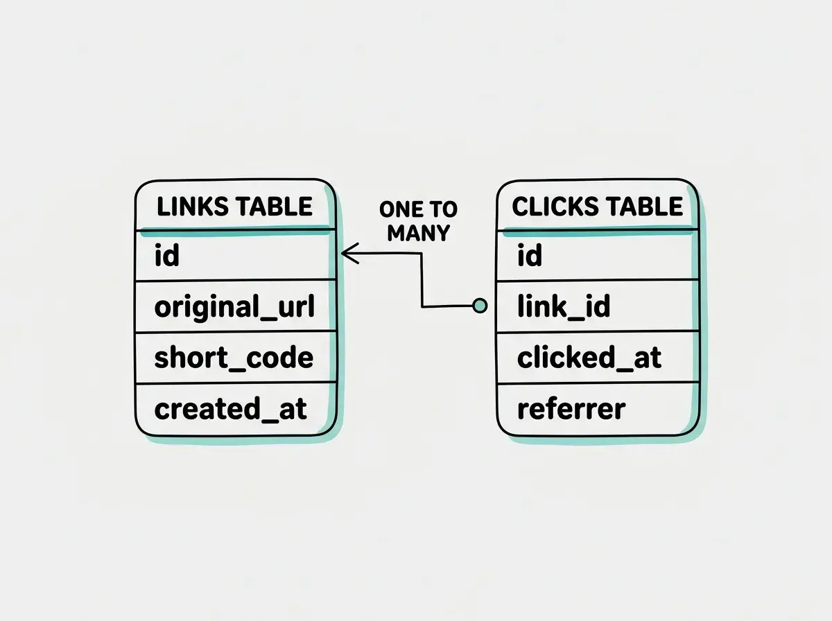 EXPLAINER DIAGRAM: Two rounded rectangles side by side representing database tables. Left rectangle labeled LINKS TABLE contains four rows labeled id, original_url, short_code, and created_at. Right rectangle labeled CLICKS TABLE contains four rows labeled id, link_id, clicked_at, and referrer. A single arrow points from link_id in the clicks table to id in the links table, labeled ONE TO MANY. Background is light gray with teal accent lines.