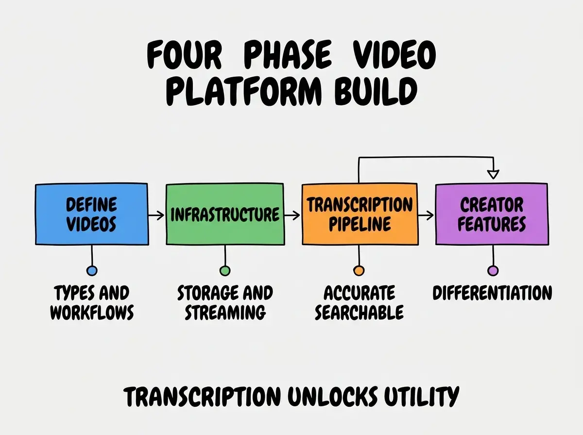 EXPLAINER DIAGRAM titled FOUR PHASE VIDEO PLATFORM BUILD shown as a horizontal four-stage pipeline on a slate background. Stage 1 colored blue DEFINE VIDEOS sublabel TYPES AND WORKFLOWS. Stage 2 colored green INFRASTRUCTURE sublabel STORAGE AND STREAMING. Stage 3 colored orange TRANSCRIPTION PIPELINE sublabel ACCURATE SEARCHABLE. Stage 4 colored purple CREATOR FEATURES sublabel DIFFERENTIATION. Footer reads TRANSCRIPTION UNLOCKS UTILITY.