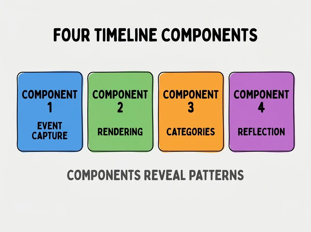 Clean modern flat infographic on light gray background. Top center bold black title text: FOUR TIMELINE COMPONENTS. Below title, four equal sized colored rounded rectangle cards arranged horizontally. Card 1 blue: large bold text COMPONENT 1 then smaller text EVENT CAPTURE. Card 2 green: large bold text COMPONENT 2 then smaller text RENDERING. Card 3 orange: large bold text COMPONENT 3 then smaller text CATEGORIES. Card 4 purple: large bold text COMPONENT 4 then smaller text REFLECTION. Single footer line below cards in dark gray text: COMPONENTS REVEAL PATTERNS. Nothing else on canvas. No text outside cards or below cards.