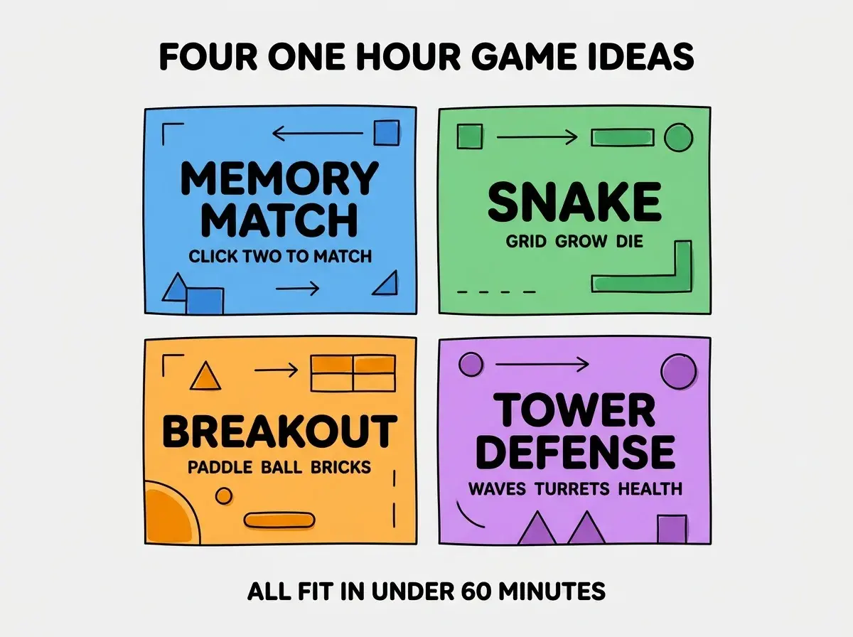EXPLAINER DIAGRAM titled FOUR ONE HOUR GAME IDEAS shown as a 2x2 grid of quadrants on a slate background. Top left blue MEMORY MATCH sublabel CLICK TWO TO MATCH. Top right green SNAKE sublabel GRID GROW DIE. Bottom left orange BREAKOUT sublabel PADDLE BALL BRICKS. Bottom right purple SIMPLE TOWER DEFENSE sublabel WAVES TURRETS HEALTH. Center label reads PICK BASED ON YOUR INTEREST. Footer reads ALL FIT IN UNDER 60 MINUTES.