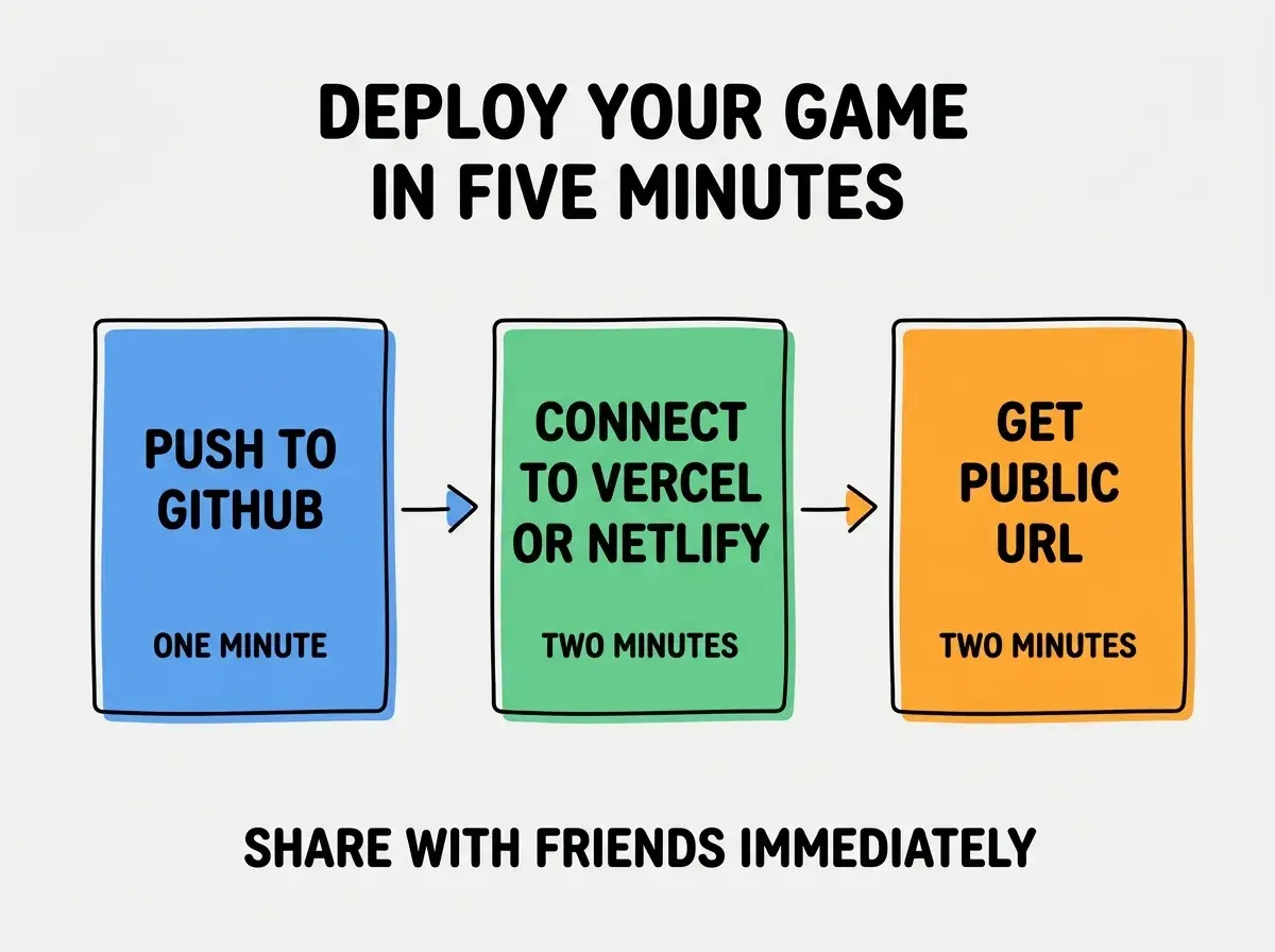 EXPLAINER DIAGRAM titled DEPLOY YOUR GAME IN FIVE MINUTES shown as a horizontal three-step pipeline on a slate background. Step 1 colored blue PUSH TO GITHUB sublabel ONE MINUTE. Step 2 colored green CONNECT TO VERCEL OR NETLIFY sublabel TWO MINUTES. Step 3 colored orange GET PUBLIC URL sublabel TWO MINUTES. Footer reads SHARE WITH FRIENDS IMMEDIATELY.