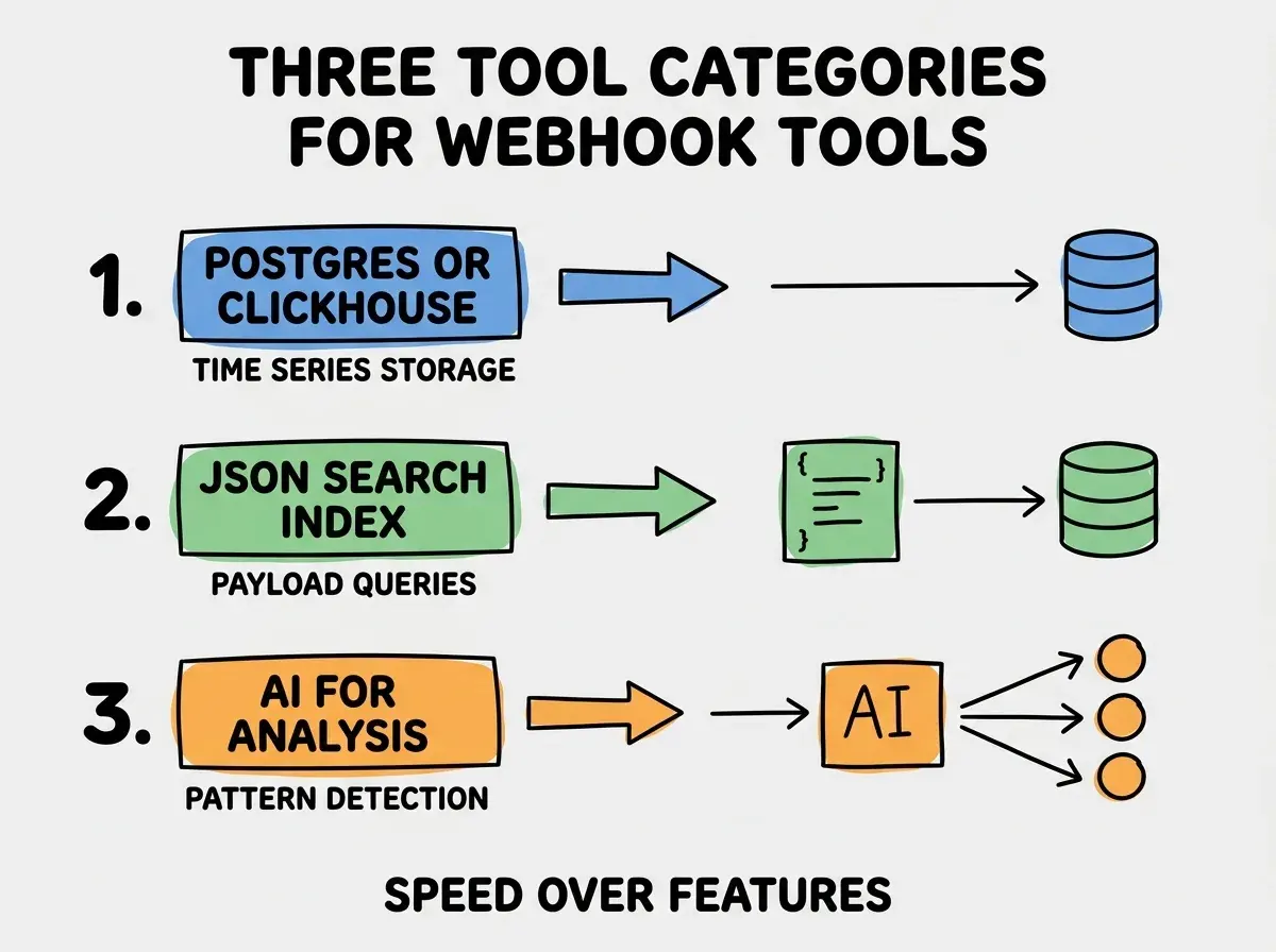 EXPLAINER DIAGRAM titled THREE TOOL CATEGORIES FOR WEBHOOK TOOLS shown as a vertical numbered list on a slate background. Three rows. Row 1 blue badge POSTGRES OR CLICKHOUSE sublabel TIME SERIES STORAGE. Row 2 green badge JSON SEARCH INDEX sublabel PAYLOAD QUERIES. Row 3 orange badge AI FOR ANALYSIS sublabel PATTERN DETECTION. Footer reads SPEED OVER FEATURES. CRITICAL: each label appears only ONCE.
