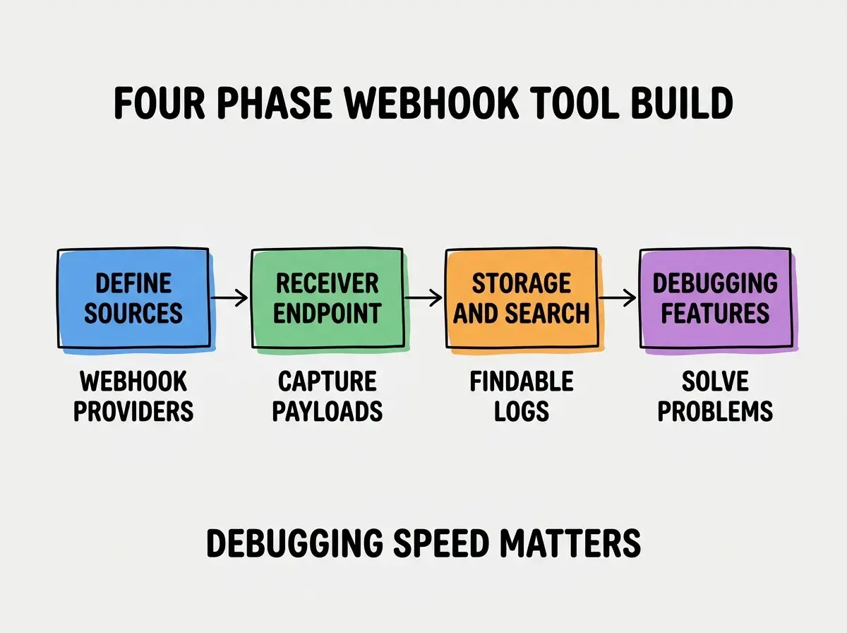 EXPLAINER DIAGRAM titled FOUR PHASE WEBHOOK TOOL BUILD shown as a horizontal four-stage pipeline on a slate background. Stage 1 colored blue DEFINE SOURCES sublabel WEBHOOK PROVIDERS. Stage 2 colored green RECEIVER ENDPOINT sublabel CAPTURE PAYLOADS. Stage 3 colored orange STORAGE AND SEARCH sublabel FINDABLE LOGS. Stage 4 colored purple DEBUGGING FEATURES sublabel SOLVE PROBLEMS. Footer reads DEBUGGING SPEED MATTERS.
