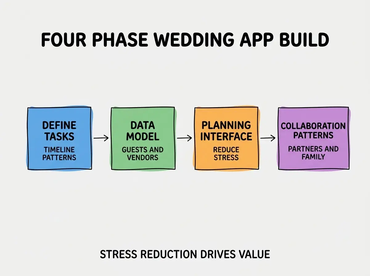 EXPLAINER DIAGRAM titled FOUR PHASE WEDDING APP BUILD shown as a horizontal four-stage pipeline on a slate background. Stage 1 colored blue DEFINE TASKS sublabel TIMELINE PATTERNS. Stage 2 colored green DATA MODEL sublabel GUESTS AND VENDORS. Stage 3 colored orange PLANNING INTERFACE sublabel REDUCE STRESS. Stage 4 colored purple COLLABORATION PATTERNS sublabel PARTNERS AND FAMILY. Footer reads STRESS REDUCTION DRIVES VALUE.
