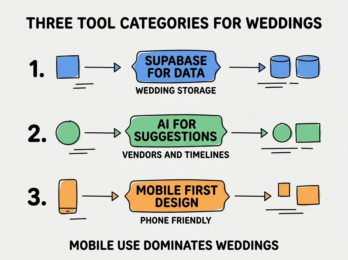 EXPLAINER DIAGRAM titled THREE TOOL CATEGORIES FOR WEDDINGS shown as a vertical numbered list on a slate background. Three rows. Row 1 blue badge SUPABASE FOR DATA sublabel WEDDING STORAGE. Row 2 green badge AI FOR SUGGESTIONS sublabel VENDORS AND TIMELINES. Row 3 orange badge MOBILE FIRST DESIGN sublabel PHONE FRIENDLY. Footer reads MOBILE USE DOMINATES WEDDINGS. CRITICAL: each label appears only ONCE.