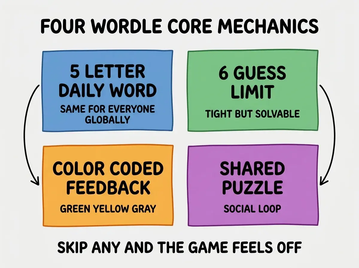 EXPLAINER DIAGRAM titled FOUR WORDLE CORE MECHANICS shown as a 2x2 grid of quadrants on a slate background. Top left blue 5 LETTER DAILY WORD sublabel SAME FOR EVERYONE GLOBALLY. Top right green 6 GUESS LIMIT sublabel TIGHT BUT SOLVABLE. Bottom left orange COLOR CODED FEEDBACK sublabel GREEN YELLOW GRAY. Bottom right purple SHARED PUZZLE sublabel SOCIAL LOOP. Center label reads ALL FOUR TOGETHER MAKE WORDLE WORK. Footer reads SKIP ANY AND THE GAME FEELS OFF.