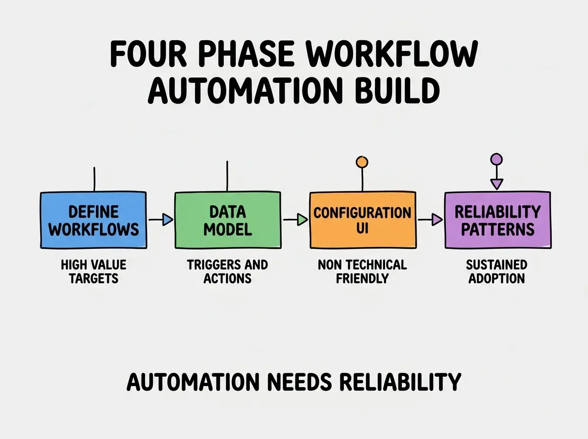 EXPLAINER DIAGRAM titled FOUR PHASE WORKFLOW AUTOMATION BUILD shown as a horizontal four-stage pipeline on a slate background. Stage 1 colored blue DEFINE WORKFLOWS sublabel HIGH VALUE TARGETS. Stage 2 colored green DATA MODEL sublabel TRIGGERS AND ACTIONS. Stage 3 colored orange CONFIGURATION UI sublabel NON TECHNICAL FRIENDLY. Stage 4 colored purple RELIABILITY PATTERNS sublabel SUSTAINED ADOPTION. Footer reads AUTOMATION NEEDS RELIABILITY.