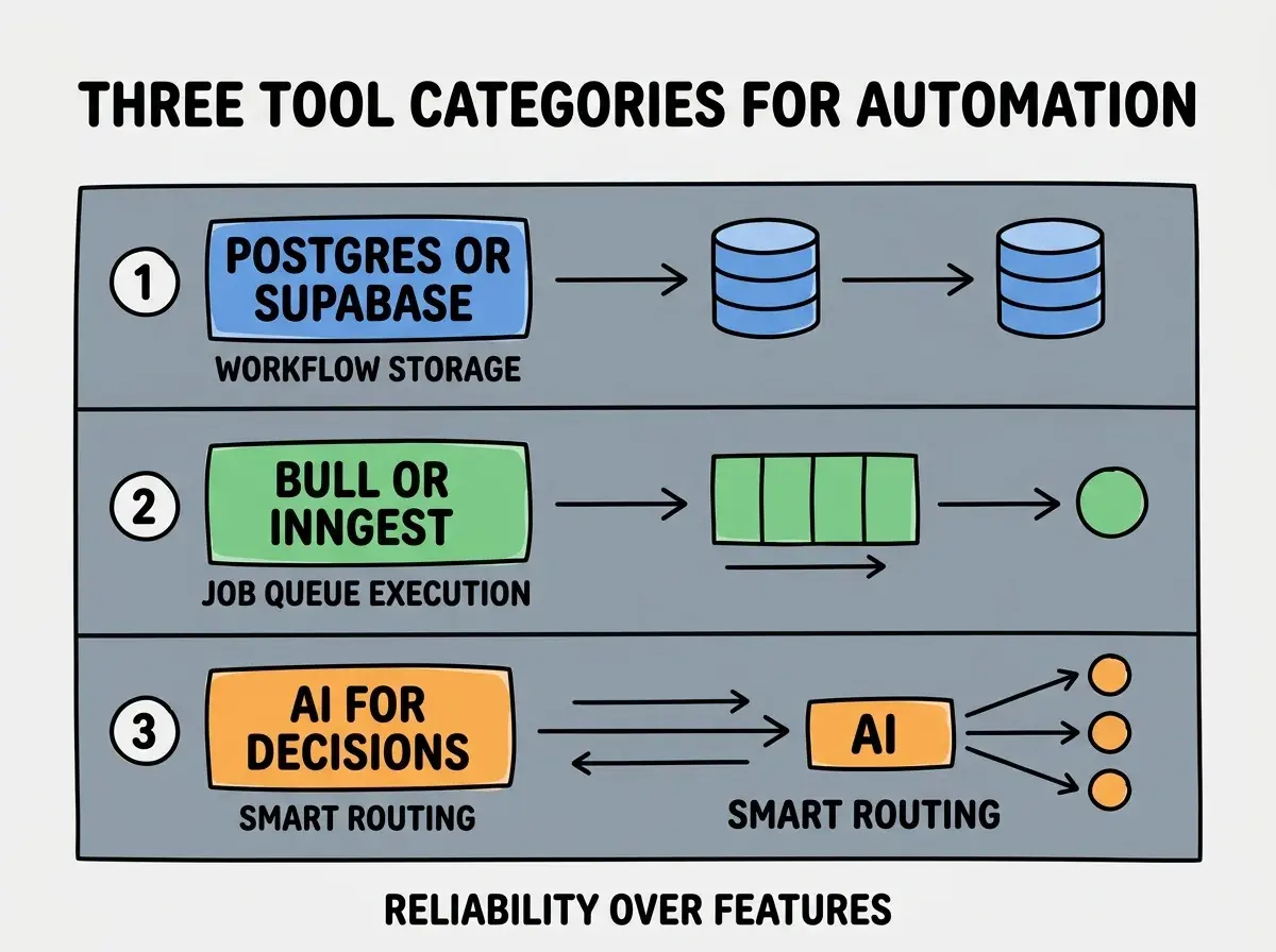EXPLAINER DIAGRAM titled THREE TOOL CATEGORIES FOR AUTOMATION shown as a vertical numbered list on a slate background. Three rows. Row 1 blue badge POSTGRES OR SUPABASE sublabel WORKFLOW STORAGE. Row 2 green badge BULL OR INNGEST sublabel JOB QUEUE EXECUTION. Row 3 orange badge AI FOR DECISIONS sublabel SMART ROUTING. Footer reads RELIABILITY OVER FEATURES. CRITICAL: each label appears only ONCE.