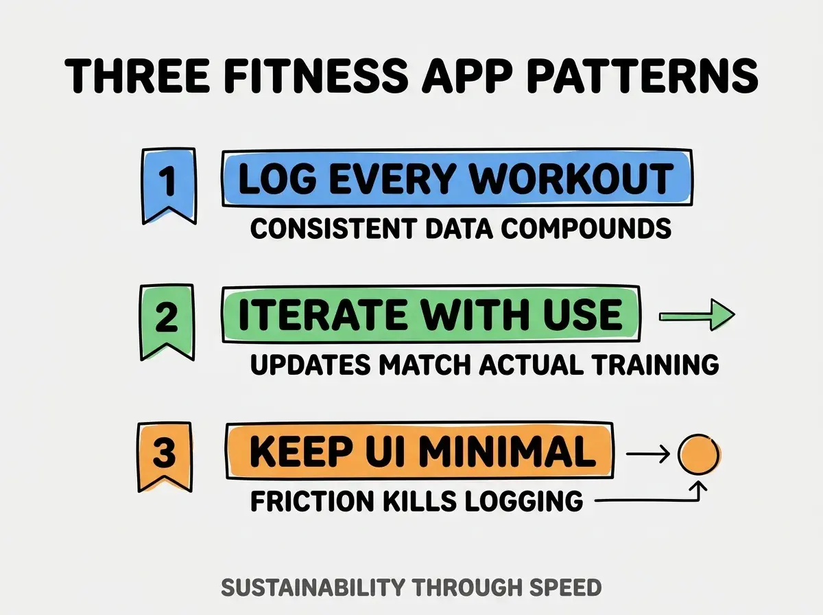 Clean modern flat infographic on light gray background. Top title bold black: THREE FITNESS APP PATTERNS. Single vertical numbered list with three rows. Row 1 blue badge LOG EVERY WORKOUT with subtitle CONSISTENT DATA COMPOUNDS. Row 2 green badge ITERATE WITH USE with subtitle UPDATES MATCH ACTUAL TRAINING. Row 3 orange badge KEEP UI MINIMAL with subtitle FRICTION KILLS LOGGING. Footer text dark gray: SUSTAINABILITY THROUGH SPEED. Each label appears exactly once. No duplicated text.