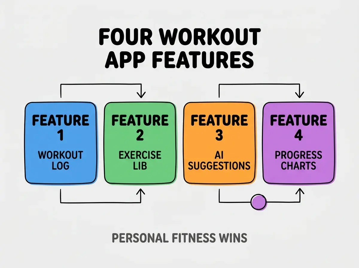 Clean modern flat infographic on light gray background. Top center bold black title text: FOUR WORKOUT APP FEATURES. Below title, four equal sized colored rounded rectangle cards arranged horizontally. Card 1 blue: large bold text FEATURE 1 then smaller text WORKOUT LOG. Card 2 green: large bold text FEATURE 2 then smaller text EXERCISE LIB. Card 3 orange: large bold text FEATURE 3 then smaller text AI SUGGESTIONS. Card 4 purple: large bold text FEATURE 4 then smaller text PROGRESS CHARTS. Single footer line below cards in dark gray text: PERSONAL FITNESS WINS. Nothing else on canvas. No text outside cards or below cards.
