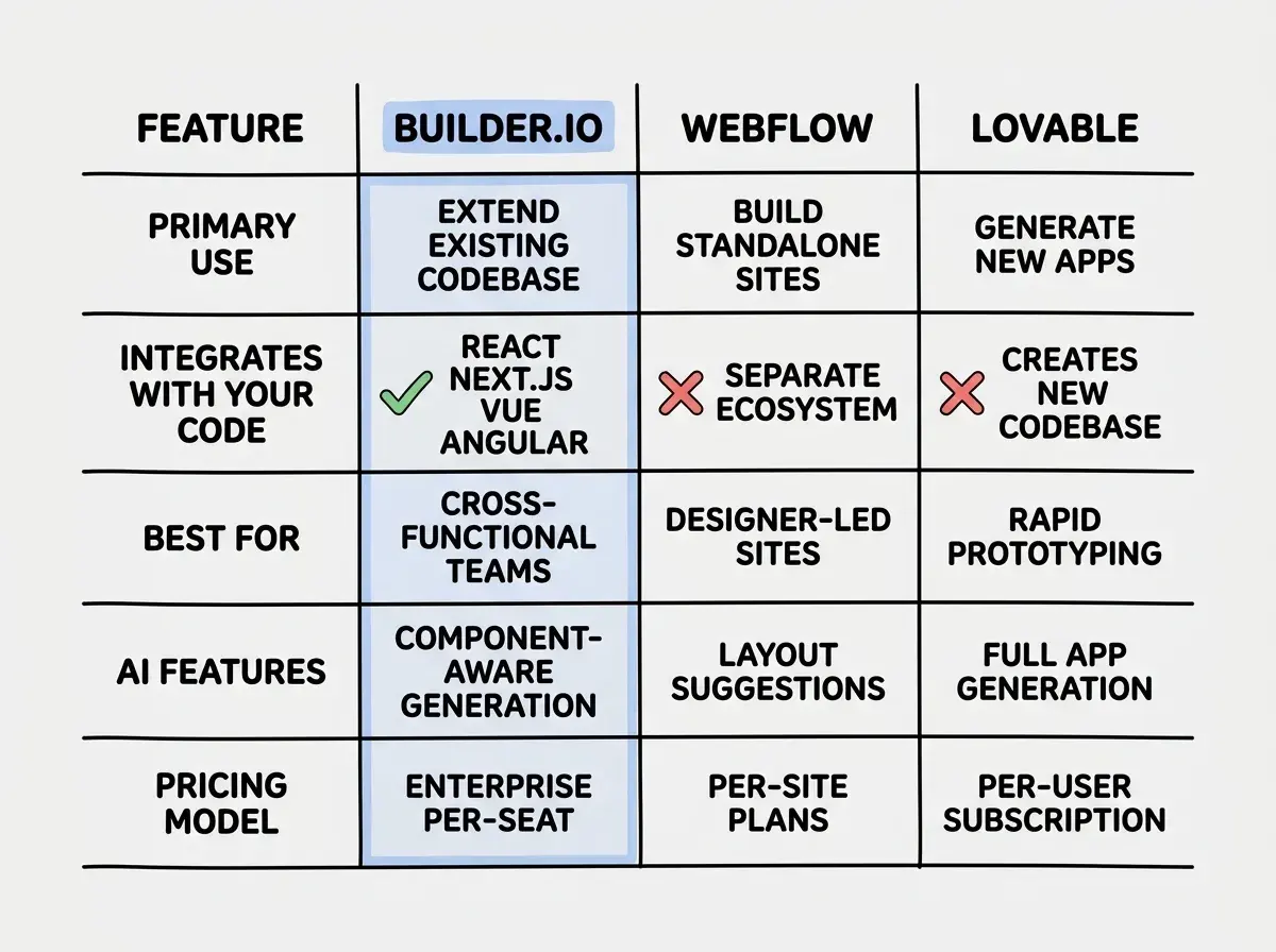 EXPLAINER DIAGRAM: A comparison table on white background with four columns and five rows. Column headers are FEATURE, BUILDER.IO, WEBFLOW, and LOVABLE. Row 1 PRIMARY USE: Builder.io shows Extend existing codebase, Webflow shows Build standalone sites, Lovable shows Generate new apps. Row 2 INTEGRATES WITH YOUR CODE: Builder.io shows a green checkmark with React Next.js Vue Angular, Webflow shows a red X with Separate ecosystem, Lovable shows a red X with Creates new codebase. Row 3 BEST FOR: Builder.io shows Cross-functional teams, Webflow shows Designer-led sites, Lovable shows Rapid prototyping. Row 4 AI FEATURES: Builder.io shows Component-aware generation, Webflow shows Layout suggestions, Lovable shows Full app generation. Row 5 PRICING MODEL: Builder.io shows Enterprise per-seat, Webflow shows Per-site plans, Lovable shows Per-user subscription. Each Builder.io cell has a subtle blue highlight to indicate the reviewed product.