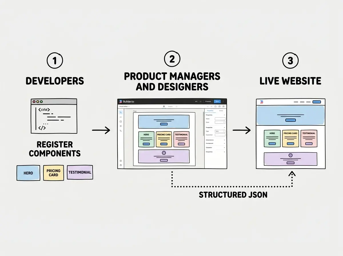 EXPLAINER DIAGRAM: A horizontal workflow on white background showing three stages of the Builder.io visual development process. Stage 1 labeled DEVELOPERS shows a code editor icon with text Register Components below it, with three small component blocks labeled Hero, PricingCard, and Testimonial. An arrow points right to Stage 2 labeled PRODUCT MANAGERS AND DESIGNERS showing the Builder.io visual editor interface with a drag-and-drop canvas containing those same three components arranged on a page, with a properties sidebar on the right. An arrow points right to Stage 3 labeled LIVE WEBSITE showing a rendered webpage using those components. Below the entire flow, a dotted line labeled STRUCTURED JSON connects Stage 2 to Stage 3, indicating that the visual editor outputs JSON that the frontend renders.