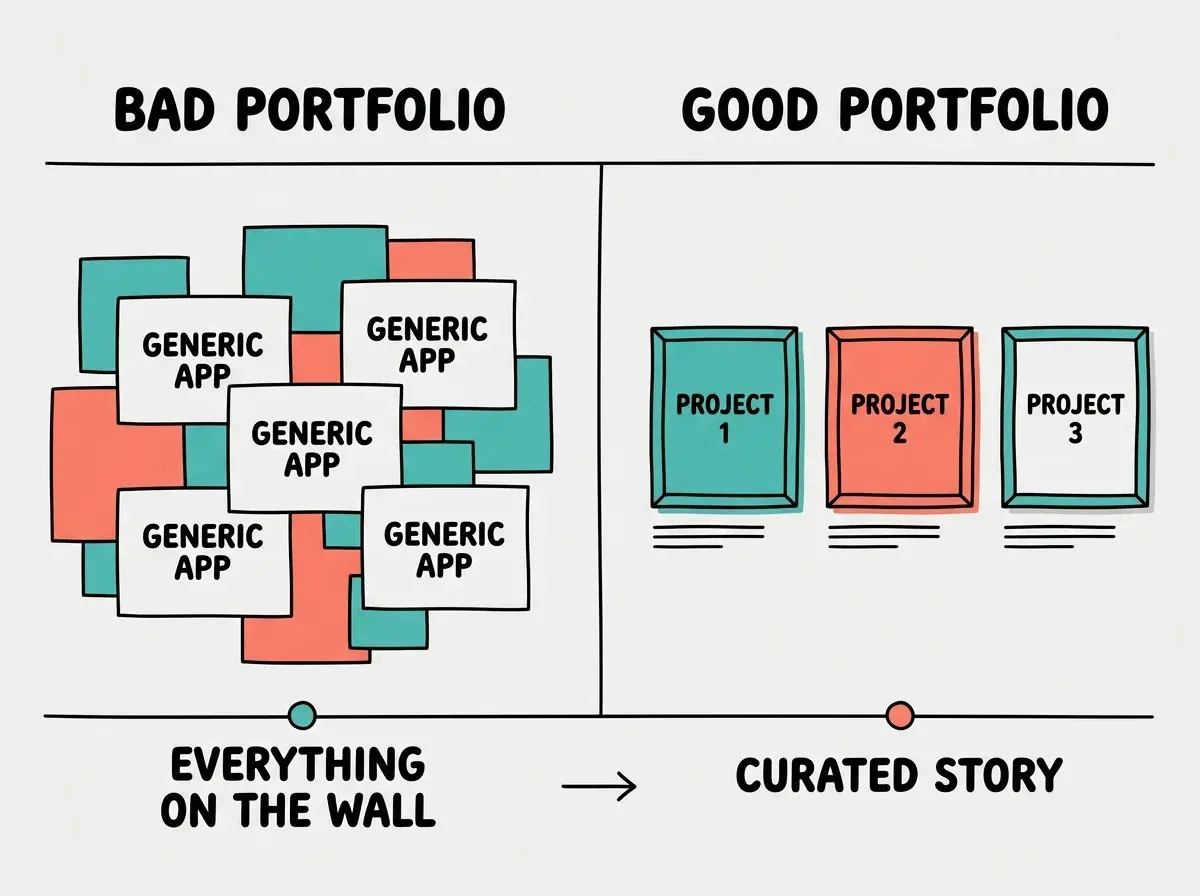 EXPLAINER DIAGRAM: A split comparison on a light background in teal and coral. Left side labeled BAD PORTFOLIO shows a chaotic wall with many overlapping rectangles labeled GENERIC APP repeated five times, with a label underneath reading EVERYTHING ON THE WALL. Right side labeled GOOD PORTFOLIO shows three carefully spaced frames on a clean wall, each labeled PROJECT 1, PROJECT 2, PROJECT 3, with small caption lines beneath each frame and a label underneath reading CURATED STORY. A horizontal divider separates the two sides.