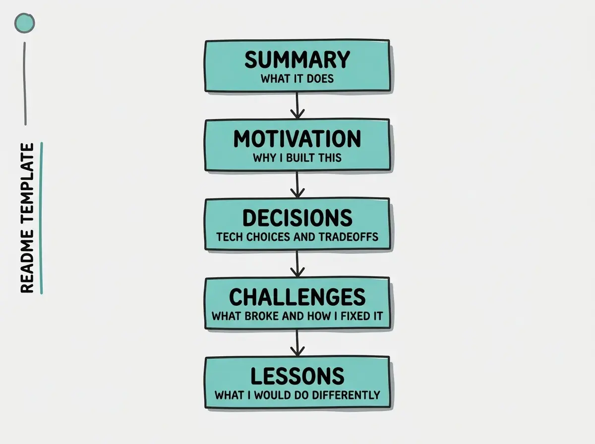 EXPLAINER DIAGRAM: A vertical flowchart on a white background in teal and dark gray. Five boxes stacked vertically connected by downward arrows. First box labeled SUMMARY with subtitle WHAT IT DOES in small text. Second box labeled MOTIVATION with subtitle WHY I BUILT THIS. Third box labeled DECISIONS with subtitle TECH CHOICES AND TRADEOFFS. Fourth box labeled CHALLENGES with subtitle WHAT BROKE AND HOW I FIXED IT. Fifth box labeled LESSONS with subtitle WHAT I WOULD DO DIFFERENTLY. A side label reads README TEMPLATE.