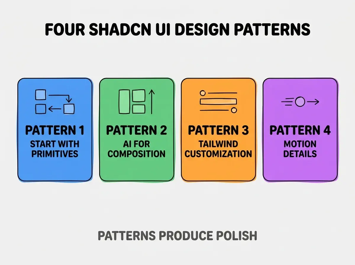 Clean modern flat infographic on light gray background. Top center bold black title text: FOUR SHADCN UI DESIGN PATTERNS. Below title, four equal sized colored rounded rectangle cards arranged horizontally. Card 1 blue: large bold text PATTERN 1 then smaller text START WITH PRIMITIVES. Card 2 green: large bold text PATTERN 2 then smaller text AI FOR COMPOSITION. Card 3 orange: large bold text PATTERN 3 then smaller text TAILWIND CUSTOMIZATION. Card 4 purple: large bold text PATTERN 4 then smaller text MOTION DETAILS. Single footer line below cards in dark gray text: PATTERNS PRODUCE POLISH. Nothing else on canvas. No text outside cards or below cards.