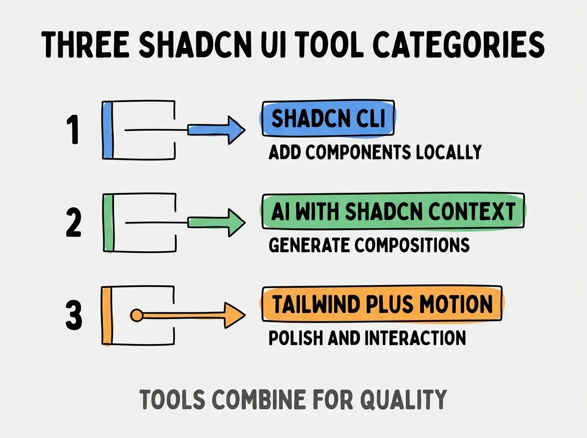 Clean modern flat infographic on light gray background. Top title bold black: THREE SHADCN UI TOOL CATEGORIES. Single vertical numbered list with three rows. Row 1 blue badge SHADCN CLI with subtitle ADD COMPONENTS LOCALLY. Row 2 green badge AI WITH SHADCN CONTEXT with subtitle GENERATE COMPOSITIONS. Row 3 orange badge TAILWIND PLUS MOTION with subtitle POLISH AND INTERACTION. Footer text dark gray: TOOLS COMBINE FOR QUALITY. Each label appears exactly once. No duplicated text.