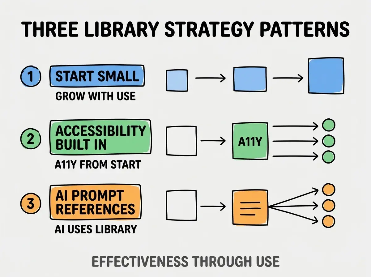 Clean modern flat infographic on light gray background. Top title bold black: THREE LIBRARY STRATEGY PATTERNS. Single vertical numbered list with three rows. Row 1 blue badge START SMALL with subtitle GROW WITH USE. Row 2 green badge ACCESSIBILITY BUILT IN with subtitle A11Y FROM START. Row 3 orange badge AI PROMPT REFERENCES with subtitle AI USES LIBRARY. Footer text dark gray: EFFECTIVENESS THROUGH USE. Each label appears exactly once. No duplicated text.