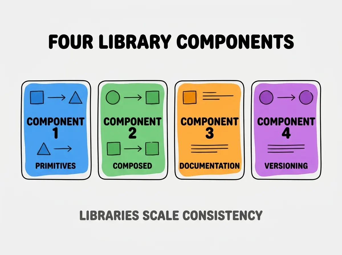 Clean modern flat infographic on light gray background. Top center bold black title text: FOUR LIBRARY COMPONENTS. Below title, four equal sized colored rounded rectangle cards arranged horizontally. Card 1 blue: large bold text COMPONENT 1 then smaller text PRIMITIVES. Card 2 green: large bold text COMPONENT 2 then smaller text COMPOSED. Card 3 orange: large bold text COMPONENT 3 then smaller text DOCUMENTATION. Card 4 purple: large bold text COMPONENT 4 then smaller text VERSIONING. Single footer line below cards in dark gray text: LIBRARIES SCALE CONSISTENCY. Nothing else on canvas. No text outside cards or below cards.
