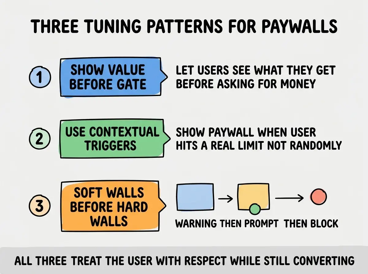 EXPLAINER DIAGRAM titled THREE TUNING PATTERNS FOR PAYWALLS shown as a vertical numbered list on a slate background. Three rows. Row 1 blue badge SHOW VALUE BEFORE GATE sublabel LET USERS SEE WHAT THEY GET BEFORE ASKING FOR MONEY. Row 2 green badge USE CONTEXTUAL TRIGGERS sublabel SHOW PAYWALL WHEN USER HITS A REAL LIMIT NOT RANDOMLY. Row 3 orange badge SOFT WALLS BEFORE HARD WALLS sublabel WARNING THEN PROMPT THEN BLOCK. Footer reads ALL THREE TREAT THE USER WITH RESPECT WHILE STILL CONVERTING.