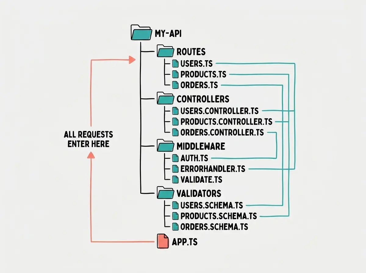 EXPLAINER DIAGRAM: A vertical folder tree showing the project structure for a REST API. Root folder labeled my-api contains five sub-folders: routes (with files users.ts, products.ts, orders.ts), controllers (with files users.controller.ts, products.controller.ts, orders.controller.ts), middleware (with files auth.ts, errorHandler.ts, validate.ts), validators (with files users.schema.ts, products.schema.ts, orders.schema.ts), and a root file app.ts. Teal lines connect each route file to its corresponding controller and validator files, showing the request flow. A coral arrow from app.ts points to the routes folder labeled All requests enter here. Light gray background.