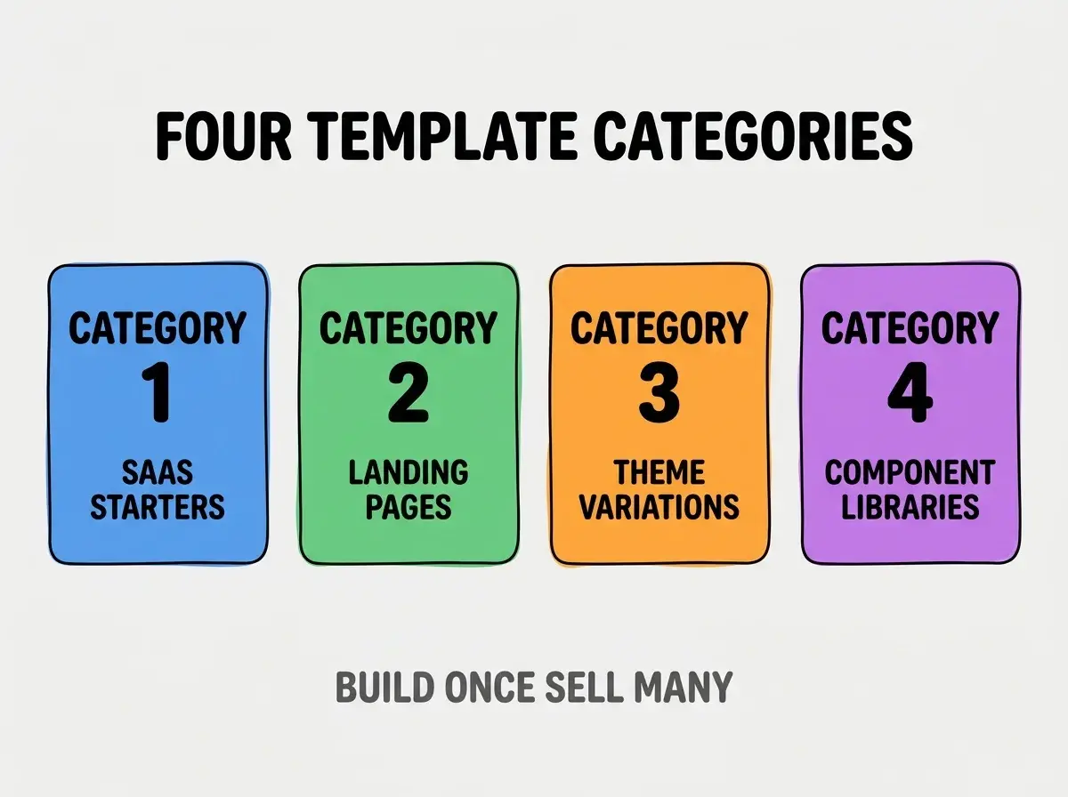 Clean modern flat infographic on light gray background. Top center bold black title text: FOUR TEMPLATE CATEGORIES. Below title, four equal sized colored rounded rectangle cards arranged horizontally. Card 1 blue: large bold text CATEGORY 1 then smaller text SAAS STARTERS. Card 2 green: large bold text CATEGORY 2 then smaller text LANDING PAGES. Card 3 orange: large bold text CATEGORY 3 then smaller text THEME VARIATIONS. Card 4 purple: large bold text CATEGORY 4 then smaller text COMPONENT LIBRARIES. Single footer line below cards in dark gray text: BUILD ONCE SELL MANY. Nothing else on canvas. No text outside cards or below cards.
