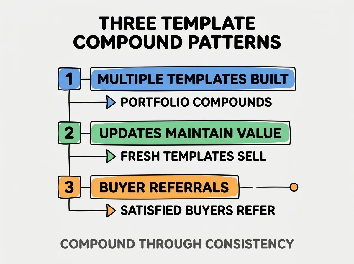 Clean modern flat infographic on light gray background. Top title bold black: THREE TEMPLATE COMPOUND PATTERNS. Single vertical numbered list with three rows. Row 1 blue badge MULTIPLE TEMPLATES BUILT with subtitle PORTFOLIO COMPOUNDS. Row 2 green badge UPDATES MAINTAIN VALUE with subtitle FRESH TEMPLATES SELL. Row 3 orange badge BUYER REFERRALS with subtitle SATISFIED BUYERS REFER. Footer text dark gray: COMPOUND THROUGH CONSISTENCY. Each label appears exactly once. No duplicated text.