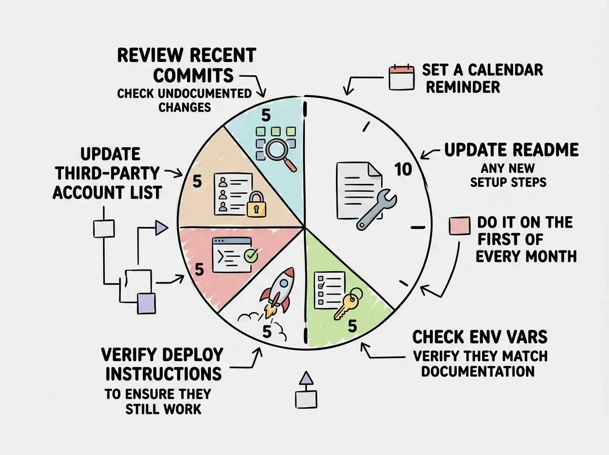 EXPLAINER DIAGRAM: A table with four columns labeled SERVICE, ACCOUNT OWNER, API KEY LOCATION, and WEBHOOK CONFIGURED. Five rows show example entries: Stripe (business email, .env STRIPE_SECRET_KEY, yes), Resend (personal email, .env RESEND_API_KEY, yes), Sentry (personal email, .env SENTRY_DSN, no), Cloudflare (business email, wrangler.jsonc, no), and Posthog (personal email, .env POSTHOG_KEY, no). Cells with YES in the WEBHOOK column are highlighted in yellow to indicate they need careful attention.