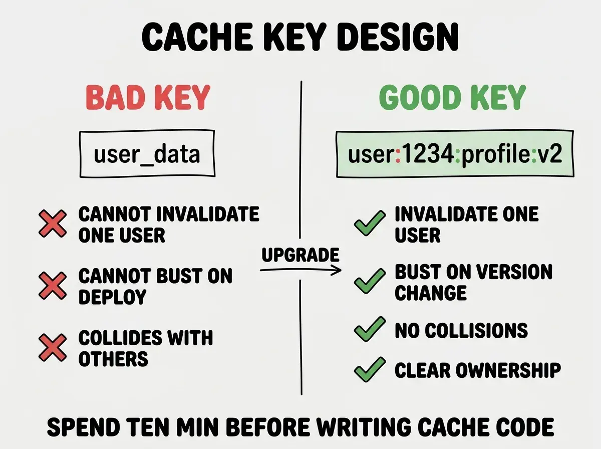 EXPLAINER DIAGRAM titled CACHE KEY DESIGN shown as two side by side mockups on a slate background. Left side labeled BAD KEY in red has a single rectangular box reading user_data, then below a list with red X icons reading CANNOT INVALIDATE ONE USER, CANNOT BUST CACHE ON DEPLOY, COLLIDES WITH OTHER ENTITIES. Right side labeled GOOD KEY in green has a rectangular box reading user 1234 profile v2 separated by colons, then below a list with green checkmark icons reading INVALIDATE ONE USER, BUST ON VERSION CHANGE, NO COLLISIONS, CLEAR OWNERSHIP. A center divider has an arrow labeled UPGRADE pointing left to right. Footer reads SPEND TEN MINUTES BEFORE WRITING CACHE CODE.