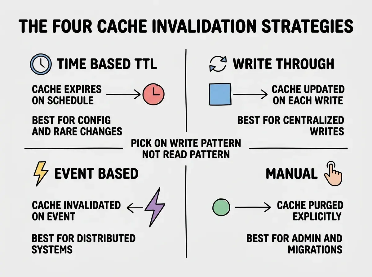 EXPLAINER DIAGRAM titled THE FOUR CACHE INVALIDATION STRATEGIES shown as a two by two grid on a slate background. Top left quadrant labeled TIME BASED TTL with a clock icon, sublabel CACHE EXPIRES ON SCHEDULE, sublabel BEST FOR config and rare changes. Top right labeled WRITE THROUGH with a sync icon, sublabel CACHE UPDATED ON EACH WRITE, sublabel BEST FOR centralized writes. Bottom left labeled EVENT BASED with a lightning bolt icon, sublabel CACHE INVALIDATED ON EVENT, sublabel BEST FOR distributed systems. Bottom right labeled MANUAL with a finger pointing icon, sublabel CACHE PURGED EXPLICITLY, sublabel BEST FOR admin actions and migrations. A center label reads PICK ON WRITE PATTERN NOT READ PATTERN.