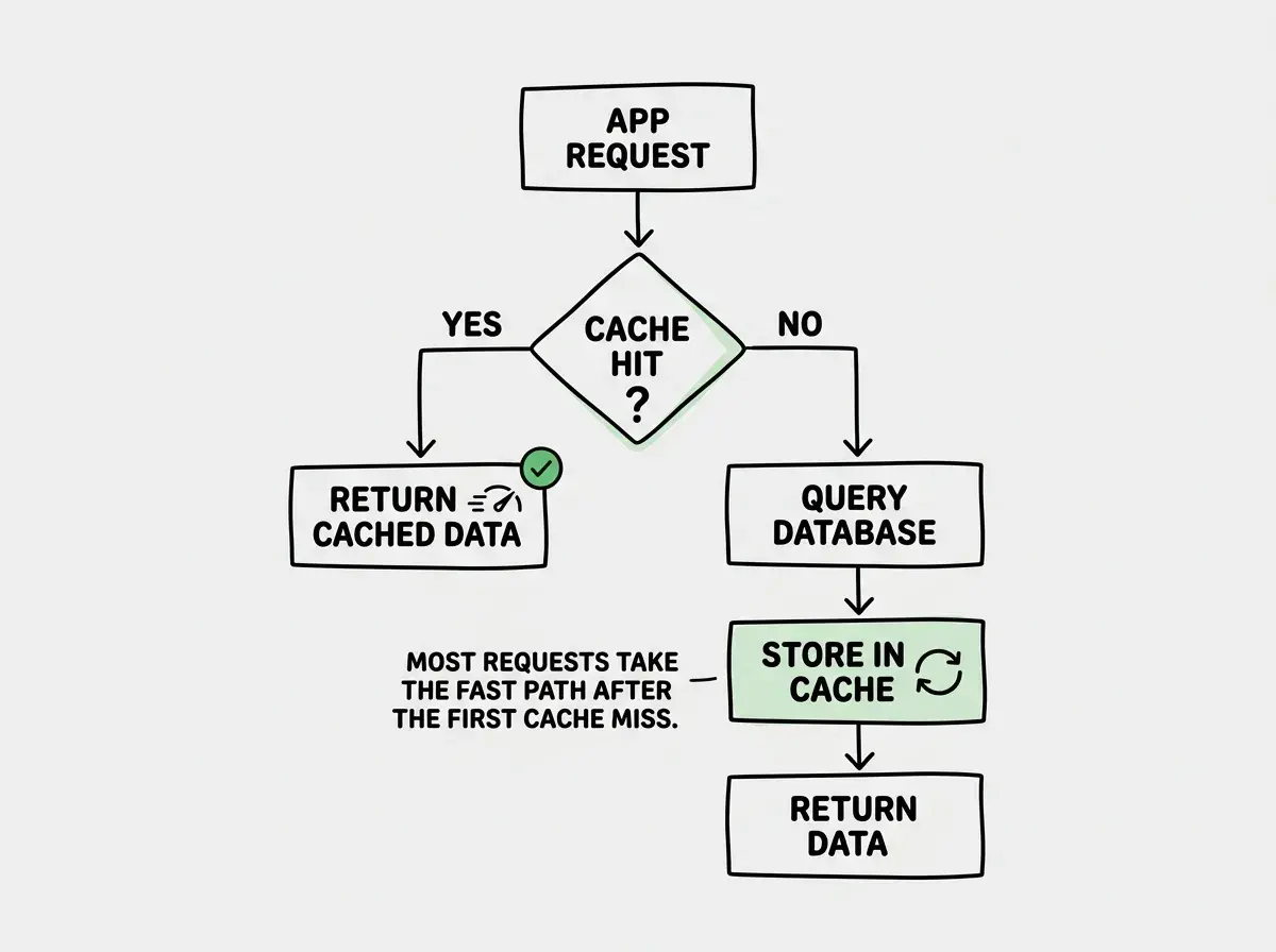 EXPLAINER DIAGRAM: A flowchart on white background showing the cache-aside pattern. At the top, a box labeled APP REQUEST with an arrow pointing down to a diamond decision node labeled CACHE HIT QUESTION MARK. The left path from the diamond is labeled YES and points to a box labeled RETURN CACHED DATA with a green checkmark and a speed icon. The right path is labeled NO and points downward to a box labeled QUERY DATABASE. From QUERY DATABASE, an arrow points to a box labeled STORE IN CACHE with a circular arrow icon. From STORE IN CACHE, an arrow points to a box labeled RETURN DATA. A sidebar note reads MOST REQUESTS TAKE THE FAST PATH AFTER THE FIRST CACHE MISS.
