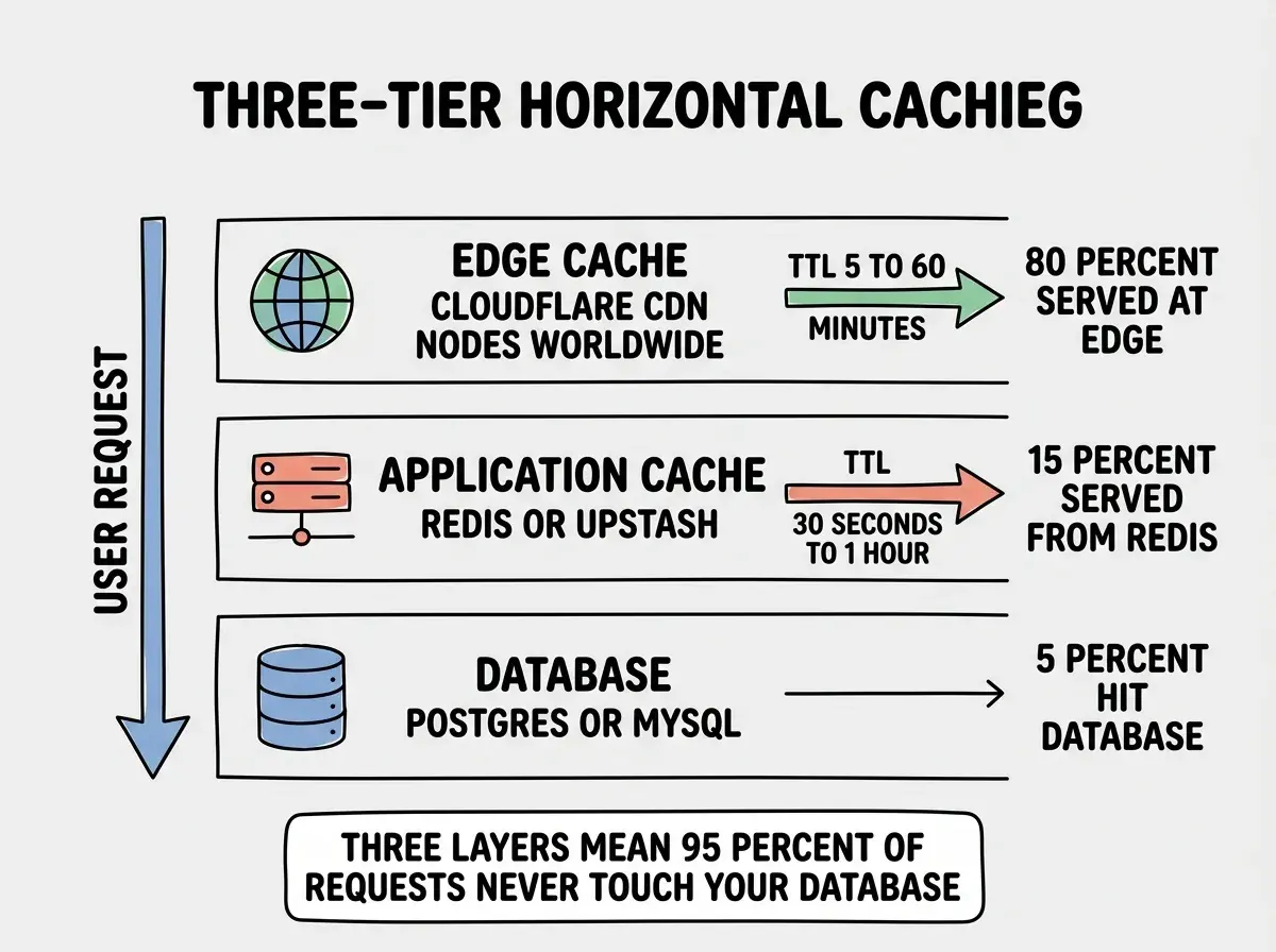 EXPLAINER DIAGRAM: A layered diagram on white background showing three horizontal tiers of caching. The top tier is labeled EDGE CACHE with a globe icon and reads CLOUDFLARE CDN NODES WORLDWIDE with an arrow labeled TTL 5 TO 60 MINUTES. The middle tier is labeled APPLICATION CACHE with a server icon and reads REDIS OR UPSTASH with an arrow labeled TTL 30 SECONDS TO 1 HOUR. The bottom tier is labeled DATABASE with a cylinder database icon and reads POSTGRES OR MYSQL. On the left side, a vertical arrow labeled USER REQUEST points down through all three tiers. On the right side, percentages show 80 PERCENT SERVED AT EDGE, 15 PERCENT SERVED FROM REDIS, 5 PERCENT HIT DATABASE. A callout box at the bottom reads THREE LAYERS MEAN 95 PERCENT OF REQUESTS NEVER TOUCH YOUR DATABASE.