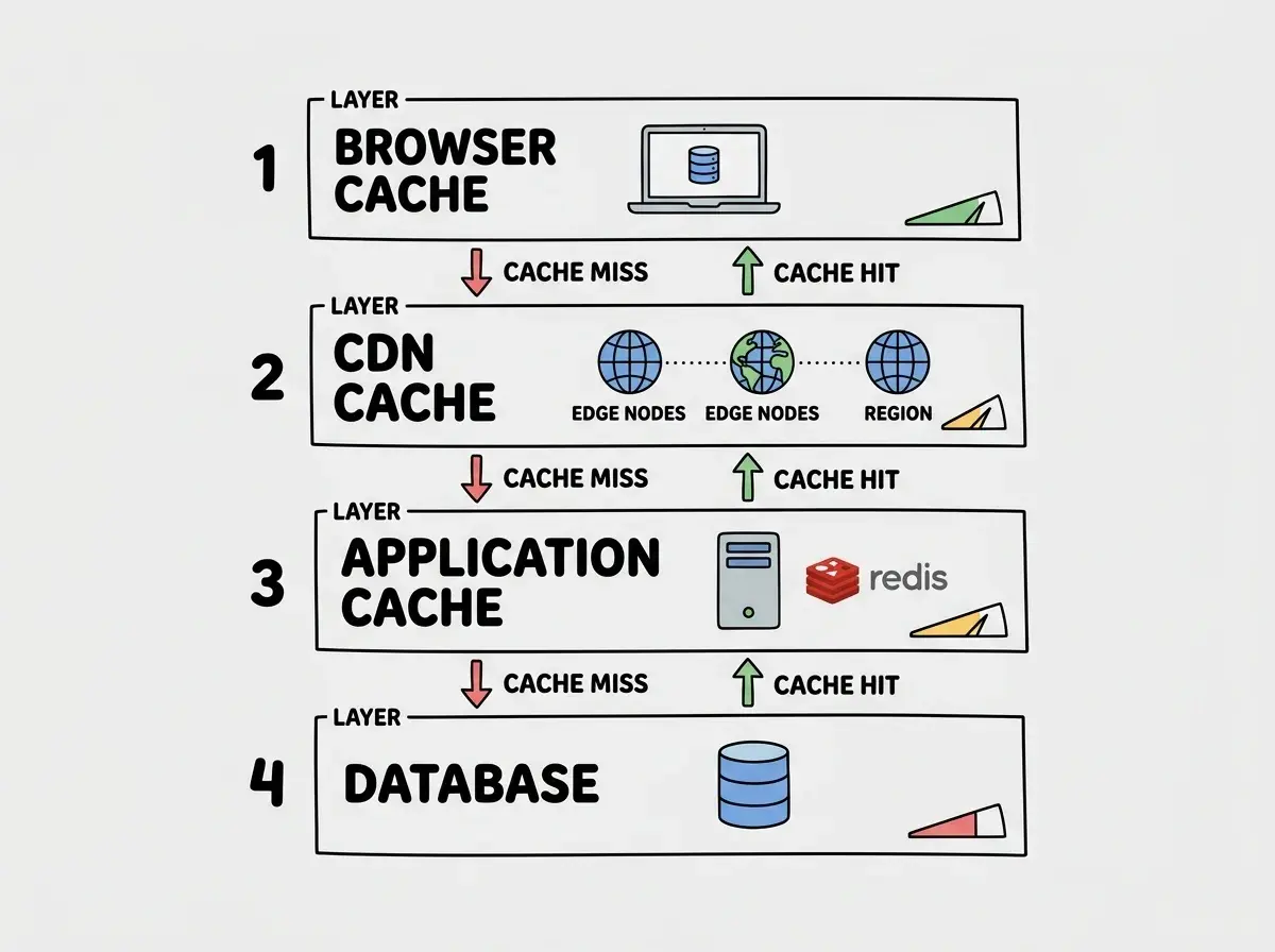 EXPLAINER DIAGRAM: A layered architecture diagram showing four horizontal layers from top to bottom. Layer 1 labeled BROWSER CACHE shows a laptop icon with a small database symbol. Layer 2 labeled CDN CACHE shows three globe icons representing edge nodes in different regions connected by dotted lines. Layer 3 labeled APPLICATION CACHE shows a server icon next to a Redis logo. Layer 4 labeled DATABASE shows a cylinder database icon. Arrows flow downward labeled CACHE MISS and upward labeled CACHE HIT. Each layer has a speed indicator showing fastest at top and slowest at bottom. Clean flat design on white background.