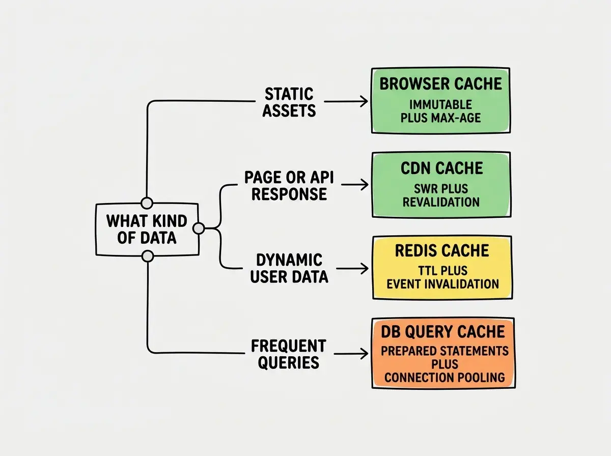 EXPLAINER DIAGRAM: A decision flowchart for choosing a caching strategy. Starting node reads WHAT KIND OF DATA. First branch labeled STATIC ASSETS leads to BROWSER CACHE with text immutable plus max-age. Second branch labeled PAGE OR API RESPONSE leads to CDN CACHE with text SWR plus revalidation. Third branch labeled DYNAMIC USER DATA leads to REDIS CACHE with text TTL plus event invalidation. Fourth branch labeled FREQUENT QUERIES leads to DB QUERY CACHE with text prepared statements plus connection pooling. Each endpoint box is color coded green for fast, yellow for medium, orange for slower. Clean flowchart style on white background.