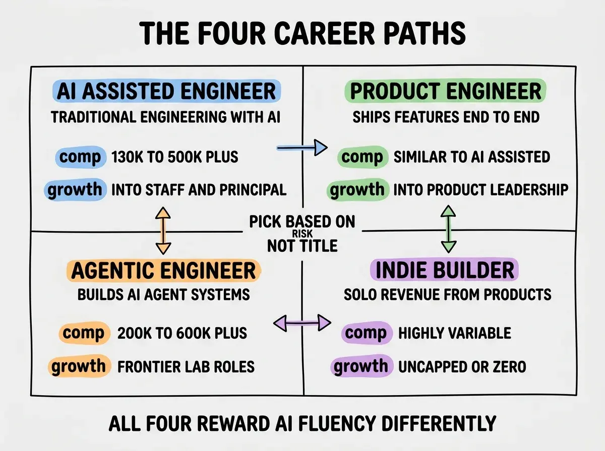 EXPLAINER DIAGRAM titled THE FOUR CAREER PATHS shown as a two by two grid on a slate background. Top left labeled AI ASSISTED ENGINEER in blue, sublabel TRADITIONAL ENGINEERING WITH AI, comp 130K TO 500K PLUS, growth INTO STAFF AND PRINCIPAL. Top right labeled PRODUCT ENGINEER in green, sublabel SHIPS FEATURES END TO END, comp SIMILAR TO AI ASSISTED, growth INTO PRODUCT LEADERSHIP. Bottom left labeled AGENTIC ENGINEER in orange, sublabel BUILDS AND ORCHESTRATES AI SYSTEMS, comp 200K TO 600K PLUS, growth FRONTIER LAB ROLES. Bottom right labeled INDIE BUILDER in purple, sublabel SOLO REVENUE FROM OWN PRODUCTS, comp HIGHLY VARIABLE, growth UNCAPPED OR ZERO. Center label reads PICK BASED ON RISK TOLERANCE NOT TITLE. Footer reads ALL FOUR PATHS REWARD AI FLUENCY DIFFERENTLY.