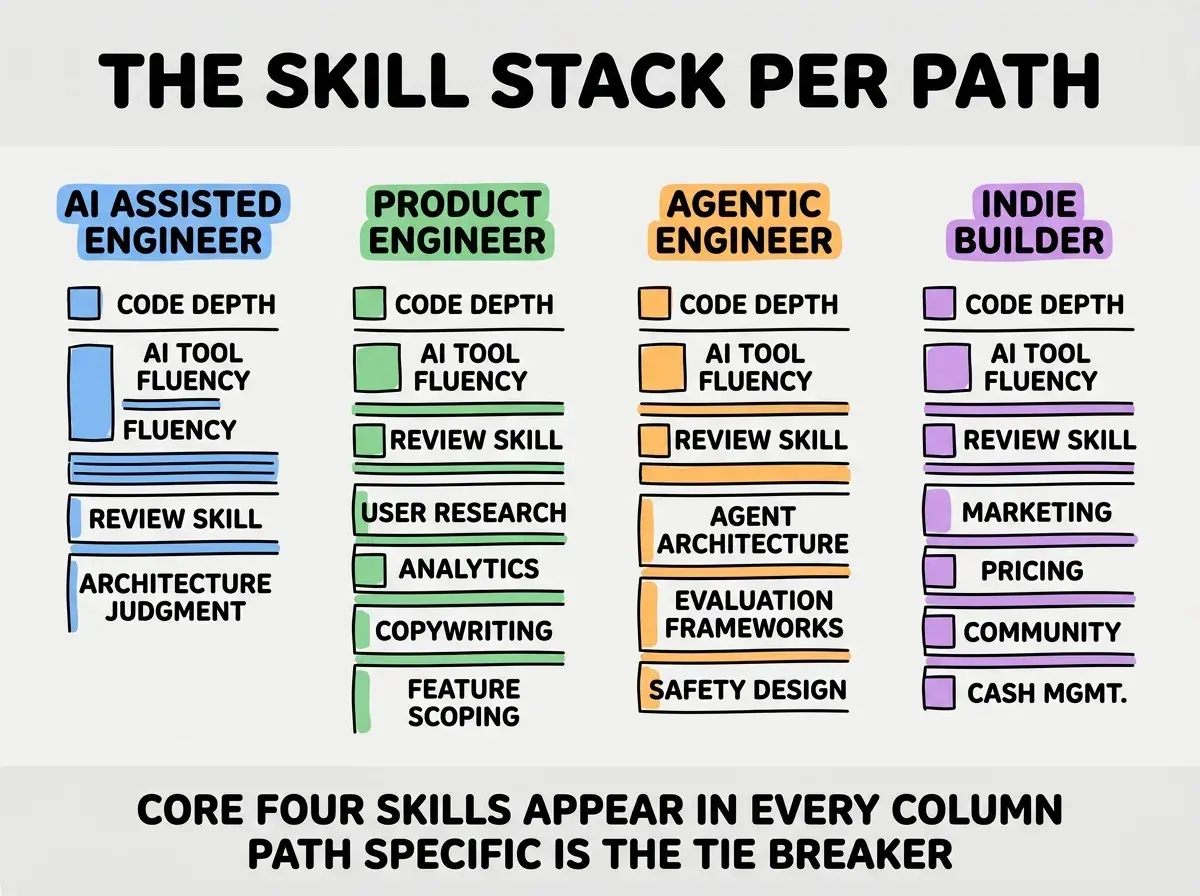 EXPLAINER DIAGRAM titled THE SKILL STACK PER PATH shown as a four column comparison on a slate background. Each column has a colored header and a stacked list of skills below. Column 1 AI ASSISTED ENGINEER blue lists CODE DEPTH, AI TOOL FLUENCY, REVIEW SKILL, ARCHITECTURE JUDGMENT. Column 2 PRODUCT ENGINEER green lists same plus USER RESEARCH, ANALYTICS, COPYWRITING, FEATURE SCOPING. Column 3 AGENTIC ENGINEER orange lists same plus AGENT ARCHITECTURE, EVALUATION FRAMEWORKS, SAFETY DESIGN. Column 4 INDIE BUILDER purple lists same plus MARKETING, PRICING, COMMUNITY BUILDING, CASH MANAGEMENT. Footer reads CORE FOUR SKILLS APPEAR IN EVERY COLUMN, PATH SPECIFIC SKILLS ARE THE TIE BREAKER.