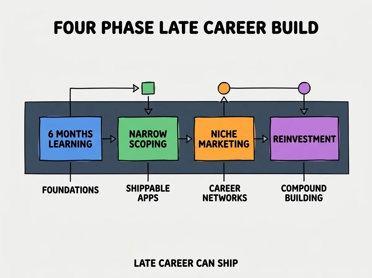 EXPLAINER DIAGRAM titled FOUR PHASE LATE CAREER BUILD shown as a horizontal four-stage pipeline on a slate background. Stage 1 colored blue 6 MONTHS LEARNING sublabel FOUNDATIONS. Stage 2 colored green NARROW SCOPING sublabel SHIPPABLE APPS. Stage 3 colored orange NICHE MARKETING sublabel CAREER NETWORKS. Stage 4 colored purple REINVESTMENT sublabel COMPOUND BUILDING. Footer reads LATE CAREER CAN SHIP.