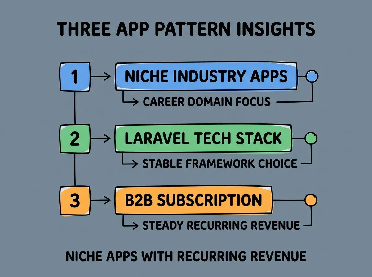 EXPLAINER DIAGRAM titled THREE APP PATTERN INSIGHTS shown as a vertical numbered list on a slate background. Three rows. Row 1 blue badge NICHE INDUSTRY APPS sublabel CAREER DOMAIN FOCUS. Row 2 green badge LARAVEL TECH STACK sublabel STABLE FRAMEWORK CHOICE. Row 3 orange badge B2B SUBSCRIPTION sublabel STEADY RECURRING REVENUE. Footer reads NICHE APPS WITH RECURRING REVENUE. CRITICAL: each label appears only ONCE.