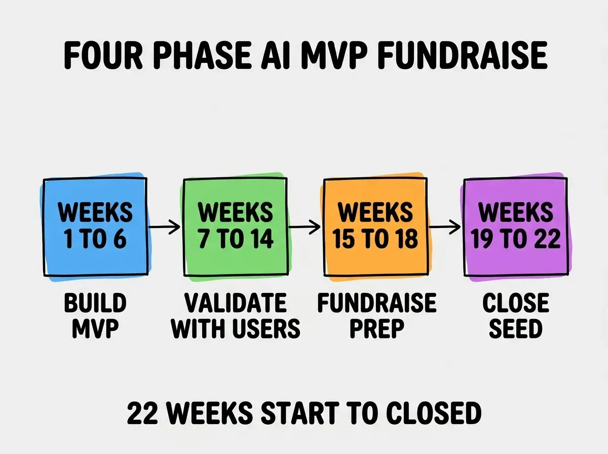 EXPLAINER DIAGRAM titled FOUR PHASE AI MVP FUNDRAISE shown as a horizontal four-stage pipeline on a slate background. Stage 1 colored blue WEEKS 1 TO 6 sublabel BUILD MVP. Stage 2 colored green WEEKS 7 TO 14 sublabel VALIDATE WITH USERS. Stage 3 colored orange WEEKS 15 TO 18 sublabel FUNDRAISE PREP. Stage 4 colored purple WEEKS 19 TO 22 sublabel CLOSE SEED. Footer reads 22 WEEKS START TO CLOSED.